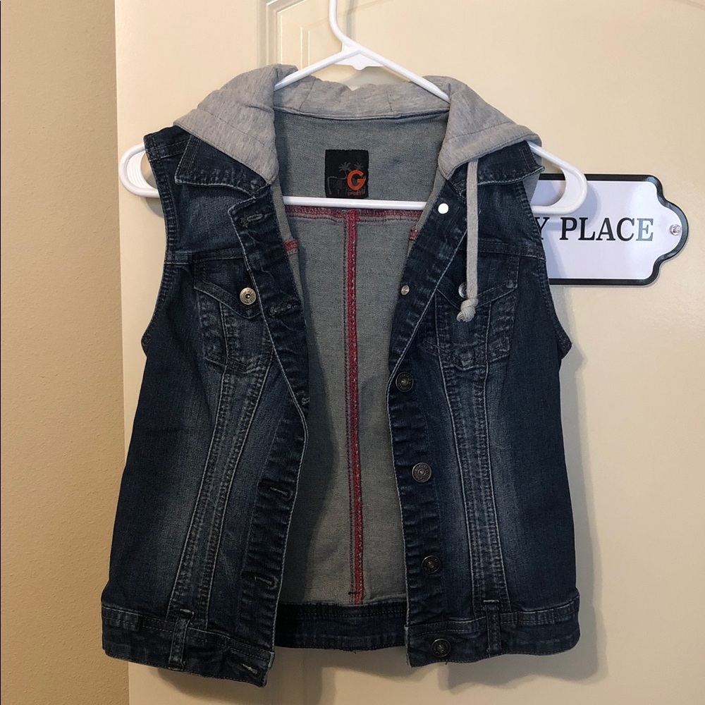 G by Guess Girls' Dark Blue Denim Vest with Gray Hood